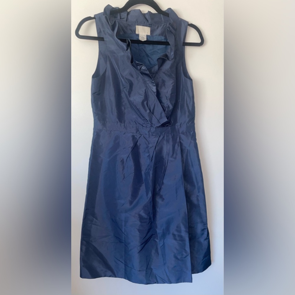J CREW V NECK RUFFLE SLEEVELESS SILK DRESS NAVY/BLUE LINED SIZE 6